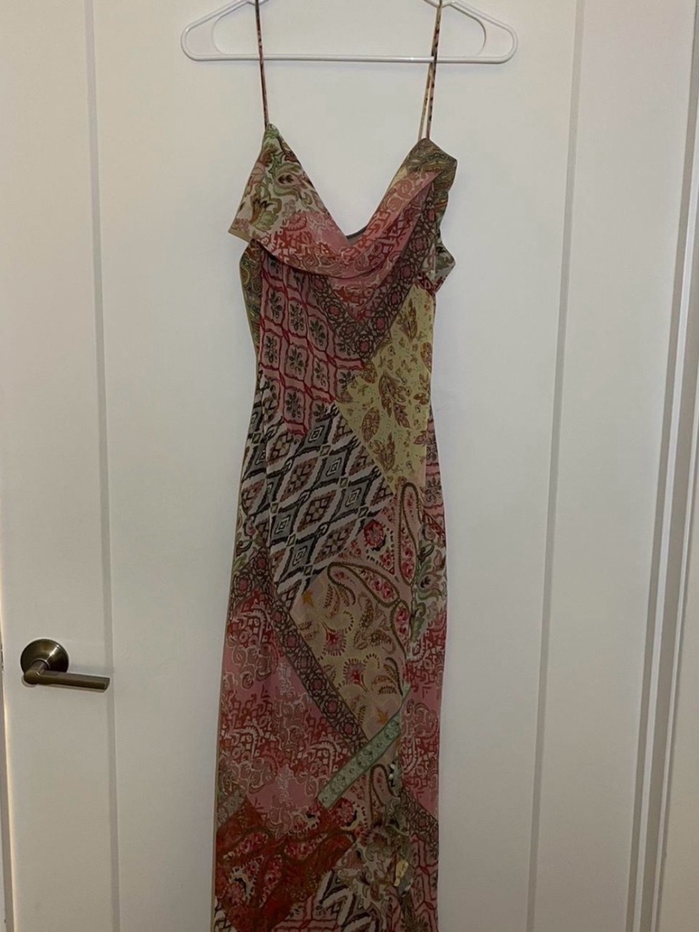 Zara Paisley Patchwork Cowl-Neck Maxi Dress in Pink and Green